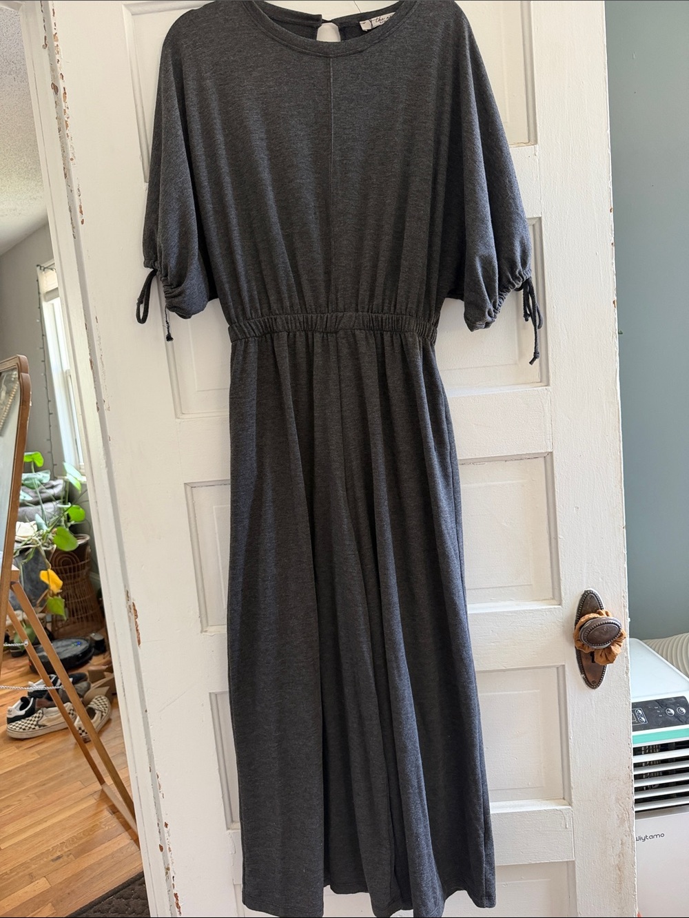 Three Bird Nest Charcoal Gray Jumpsuit with Drawstring Sleeves